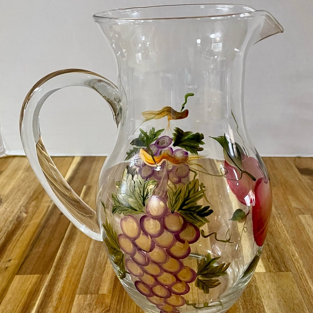 Hand Painted Fruit Clear Glass Pitcher Carafe Grapes Apples Elegant Farmhouse